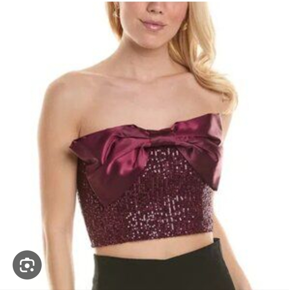 New Wildfox Alston Sequin Cropped Bow Front Strapless Top Size XL Dark Purple